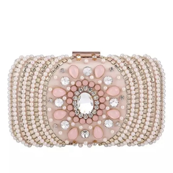 Sparkly Beaded Pink Clutch Evening Formal Wedding Pearl Jewel Bag